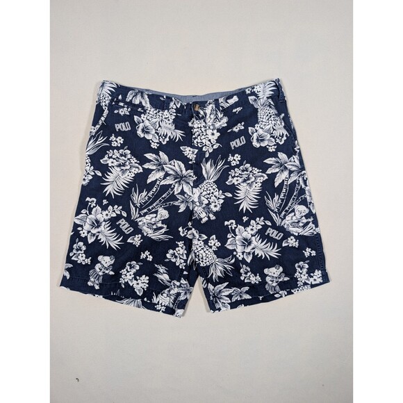 Polo Ralph Lauren Men 38 Relaxed Fit Hawaiian Bear Aloha Print Chino Shorts Navy - Picture 1 of 10